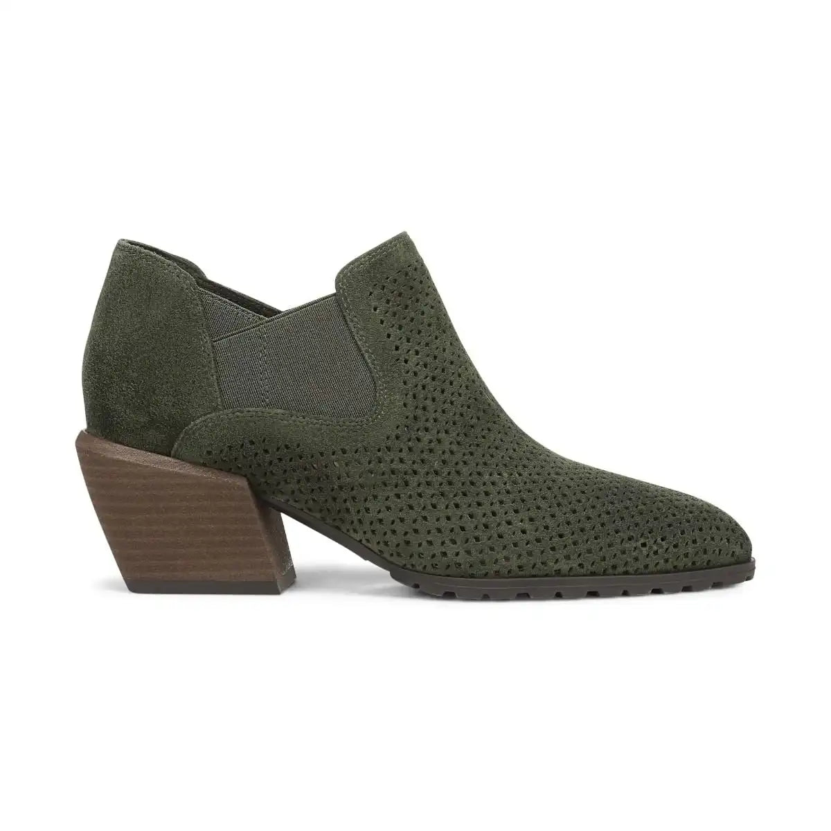 Bethany Perf Heeled Ankle Boot Olive Moss Suede
