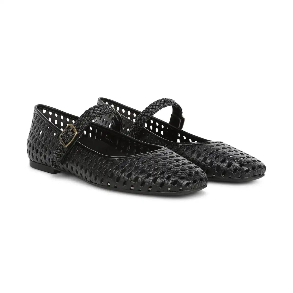 Alameda Woven Mary Jane Flat Black Leather